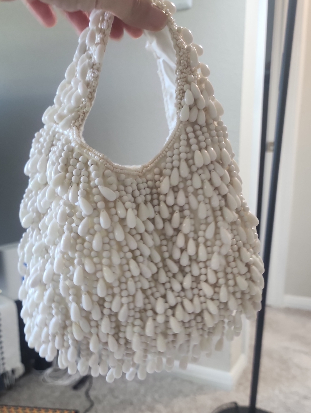White Beaded Mini Shoulder Bag with Sculpted Texture New Without Tags